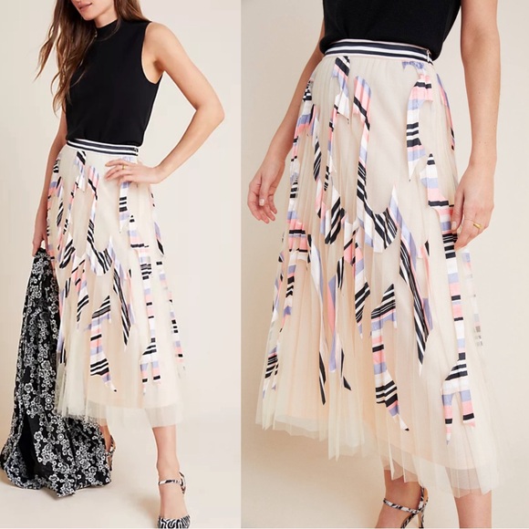 ANTHRO NWT GEISHA DESIGNS Peach Blue Pink Striped Satin Appliqué Tulle Skirt - Picture 1 of 12